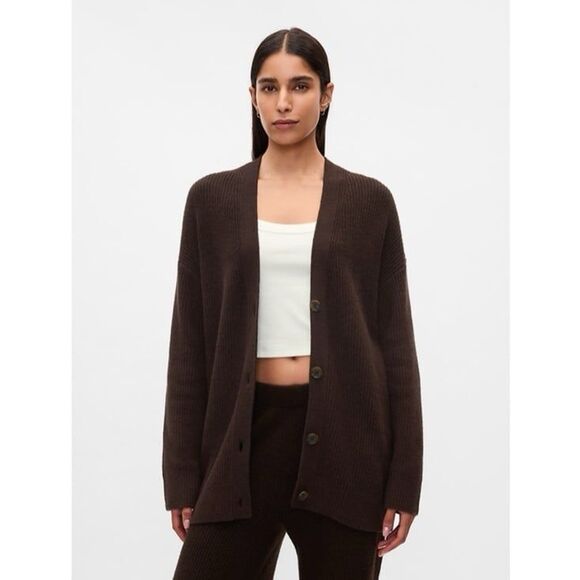NWT Gap CashSoft Shaker-Stitch Boyfriend Cardigan in Terra Brown Size Large - Picture 1 of 9
